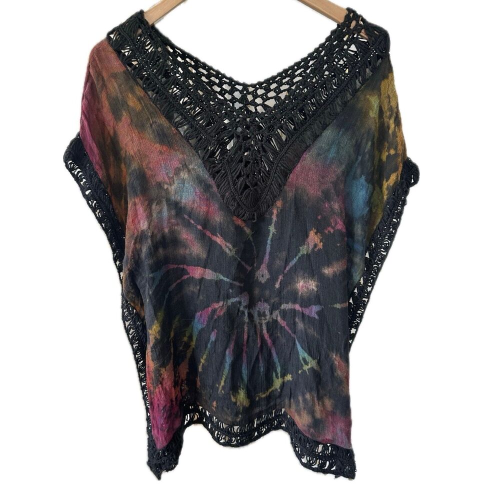 Unbranded Tie Dye Crochet Lace Trim Swim Cover Up Dress Tunic Top One Size